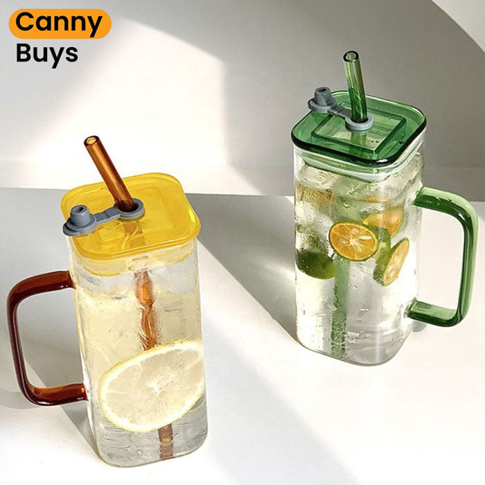 Square Glass Cup With Acrylic Lid and Straw - Canny Buys
