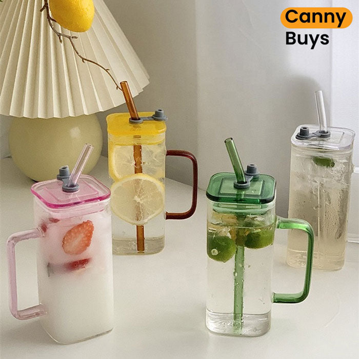 Square Glass Cup With Acrylic Lid and Straw - Canny Buys