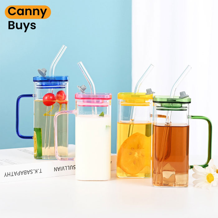 Square Glass Cup With Acrylic Lid and Straw - Canny Buys